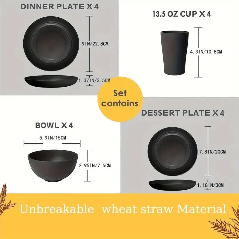 16-Piece: Durable Wheat Straw Dinnerware Set