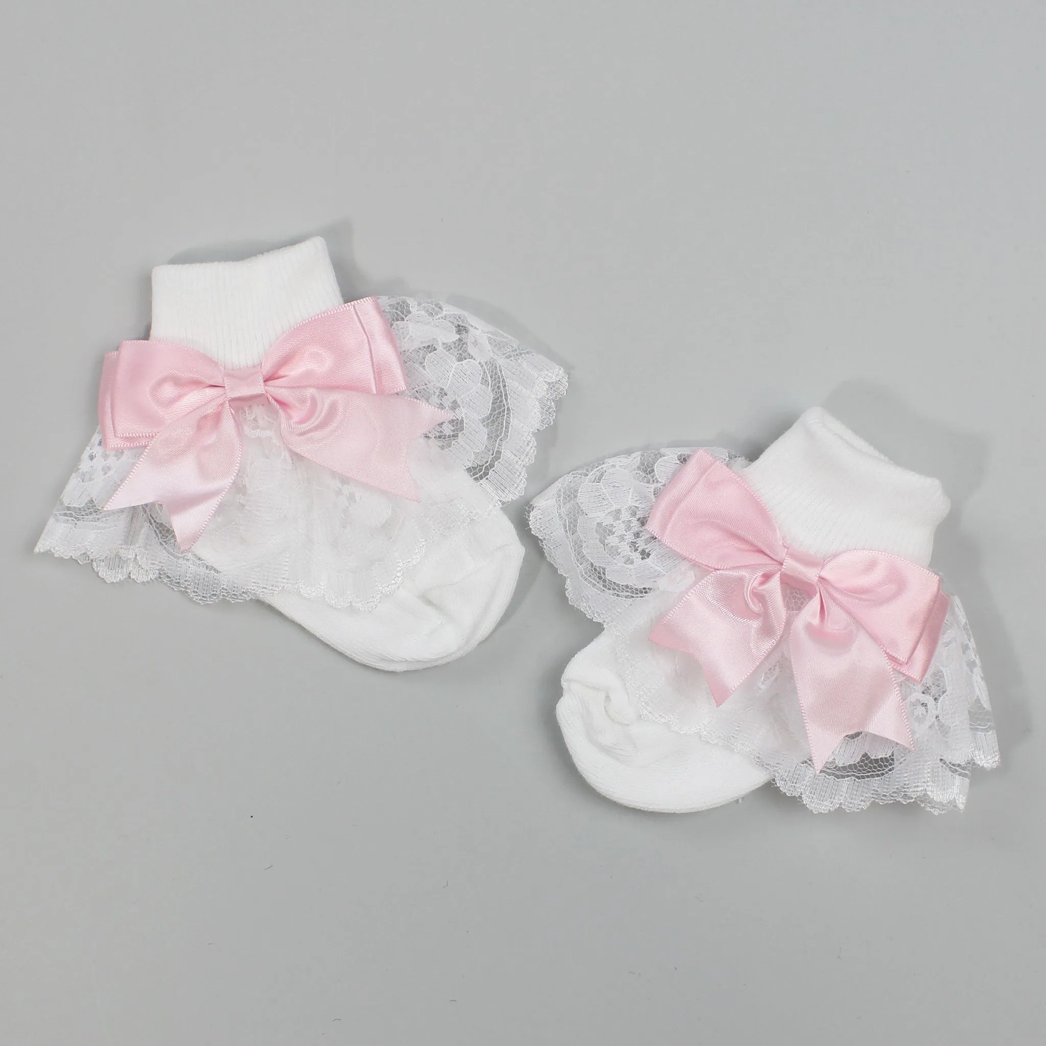 Baby Girl Fancy Lace Satin Pink Bow White Ankle Socks