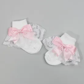 Baby Girl Fancy Lace Satin Pink Bow White Ankle Socks