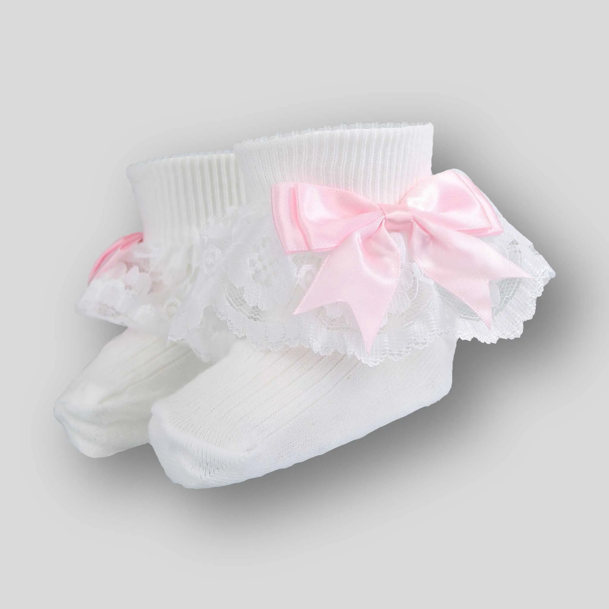 Baby Girl Fancy Lace Satin Pink Bow White Ankle Socks