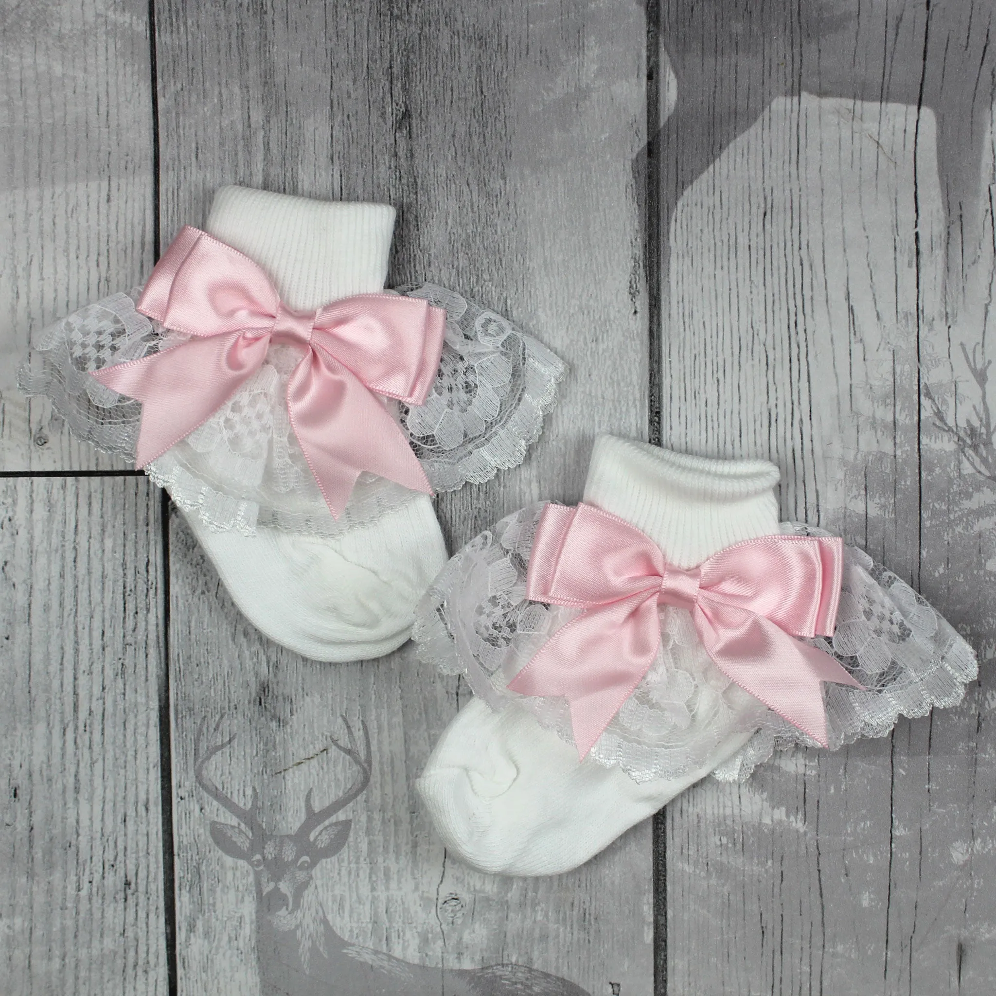 Baby Girl Fancy Lace Satin Pink Bow White Ankle Socks