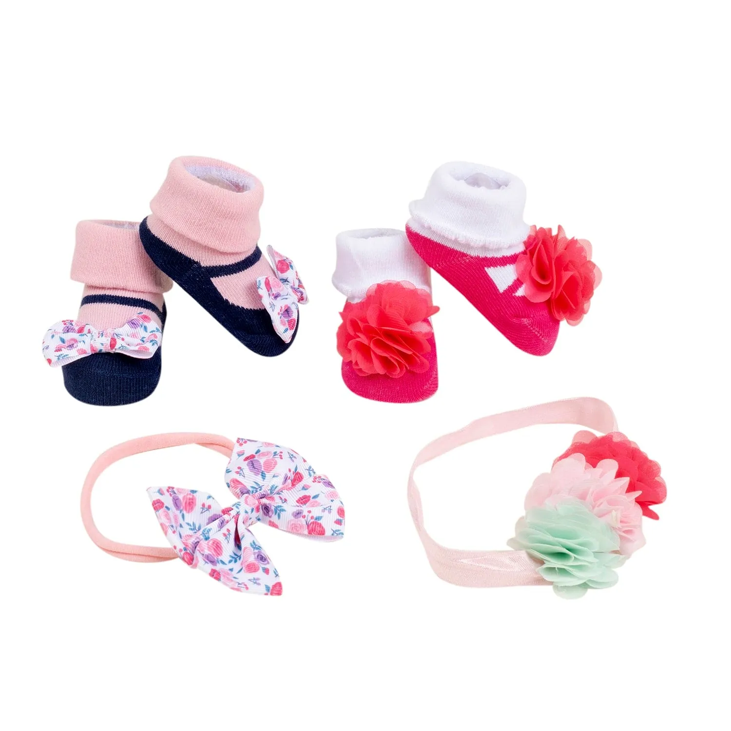 Baby Moo Ring a Ring o' Roses Infant Girl 4-Piece Gift Hairband And Socks Set - Pink