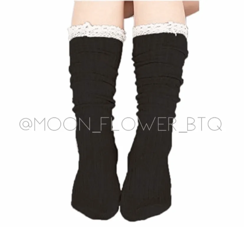 Black Lace Trim Knit Over the Knee High Socks