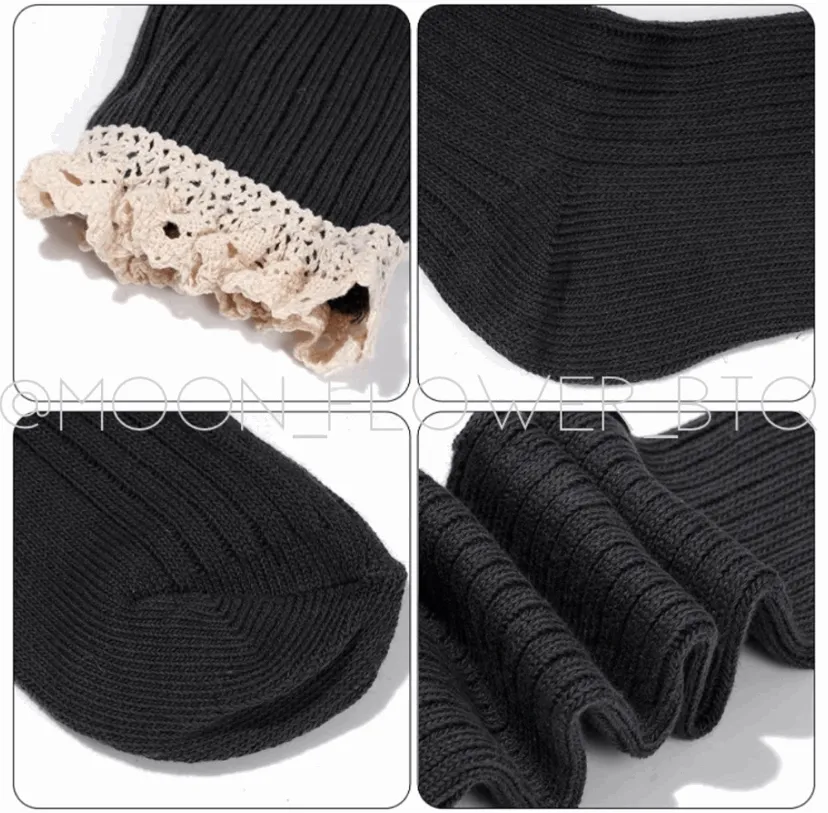 Black Lace Trim Knit Over the Knee High Socks