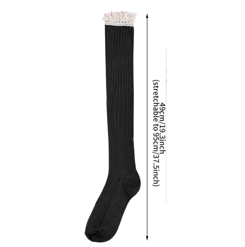 Black Lace Trim Knit Over the Knee High Socks