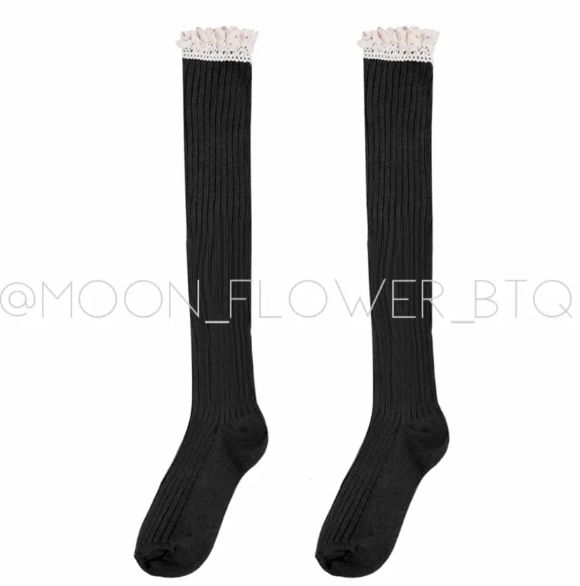 Black Lace Trim Knit Over the Knee High Socks