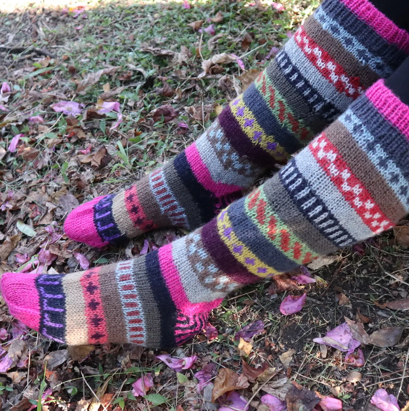 Fair Trade Ethical Long Patterned Wool Socks in Pink, Purple, yellow