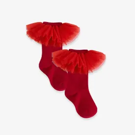 Garnet Red Tulle Ruffle Knee High Socks