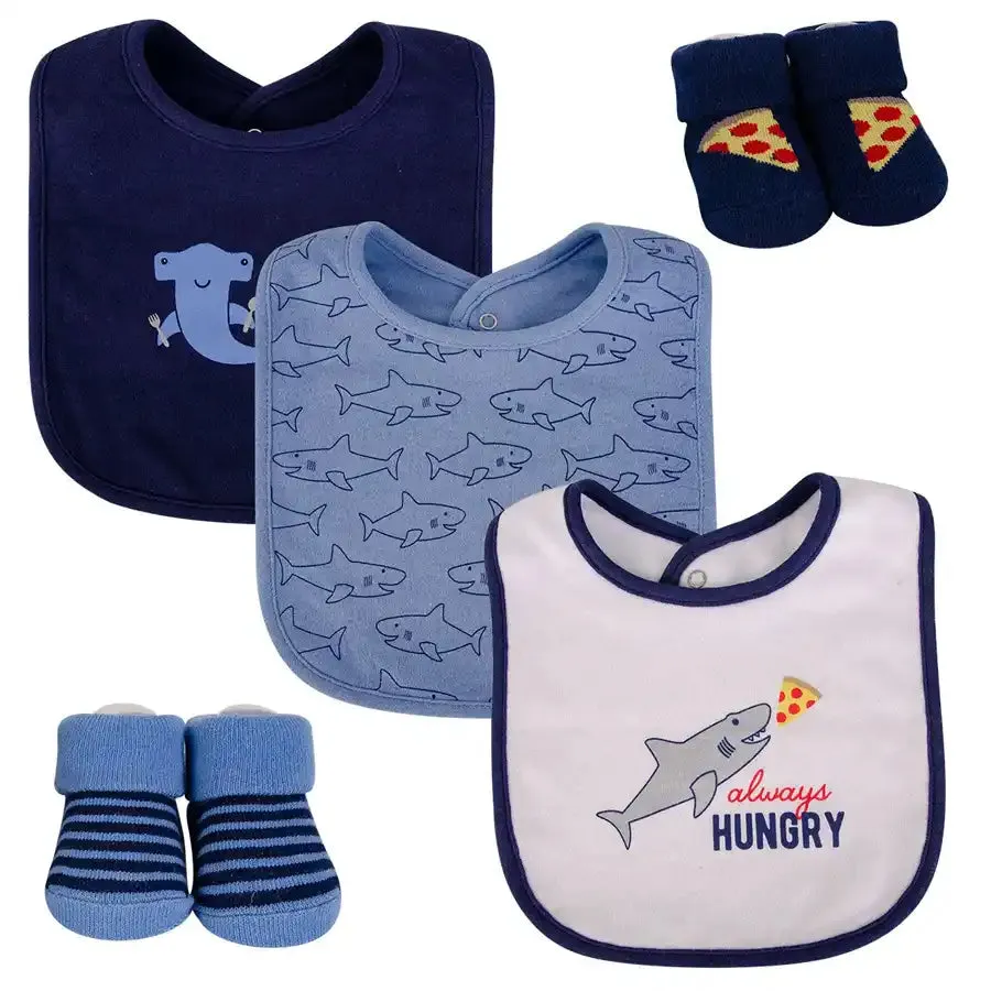 Hudson Baby Bib & Socks - Set of 5 (Hungry Shark)