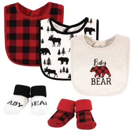 Hudson Baby Cotton Bib and Sock Set, Baby Bear Plaid