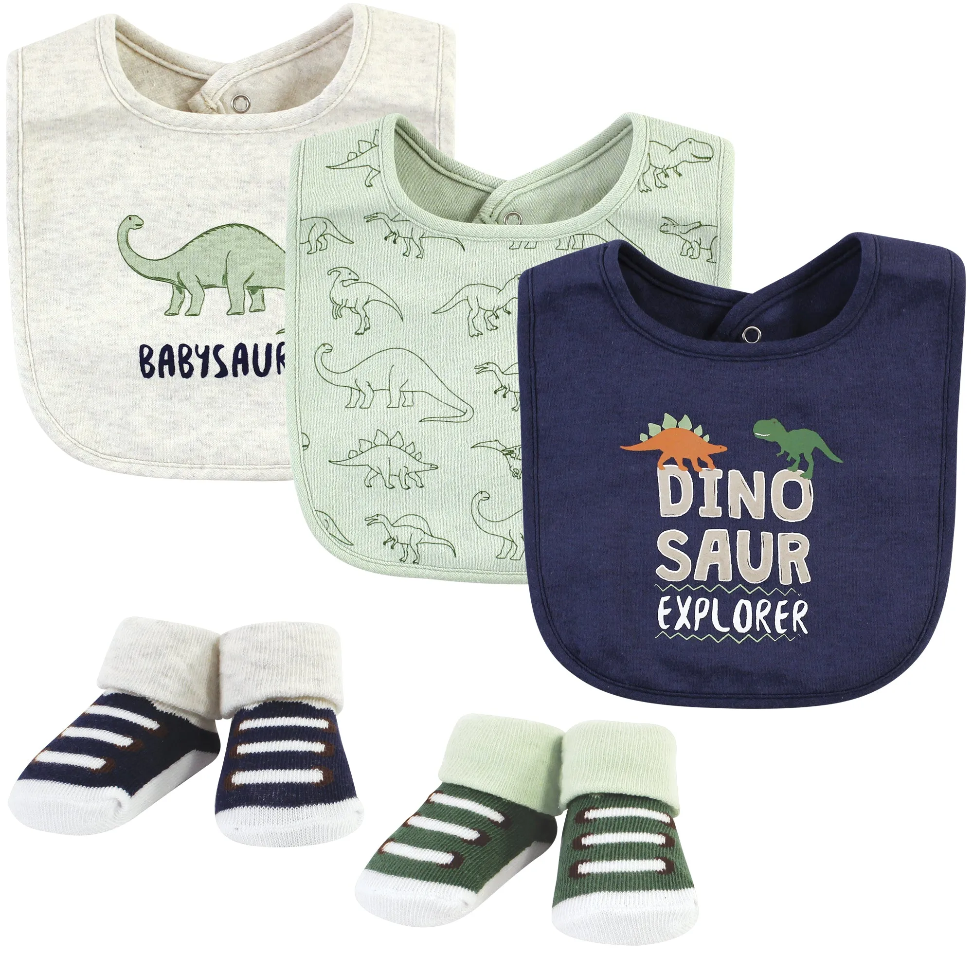 Hudson Baby Cotton Bib and Sock Set, Dinosaur Explorer