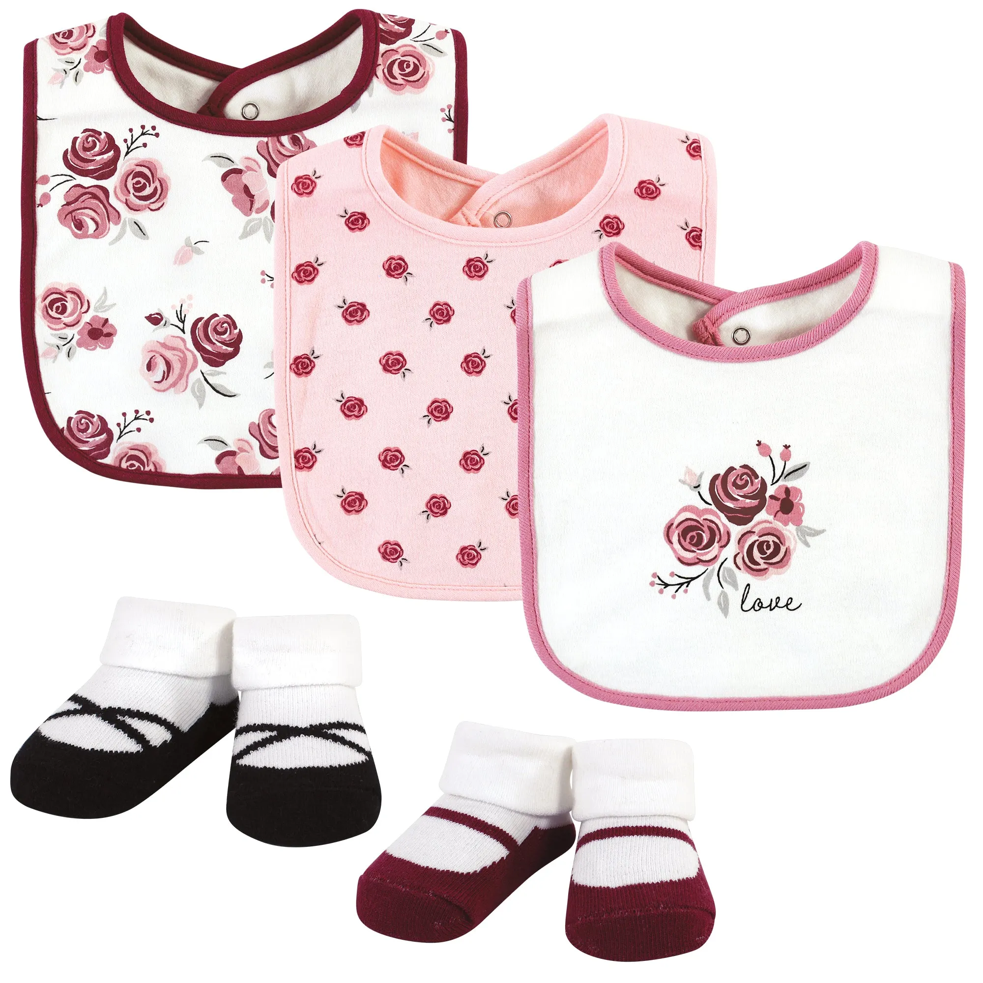 Hudson Baby Cotton Bib and Sock Set, Rose