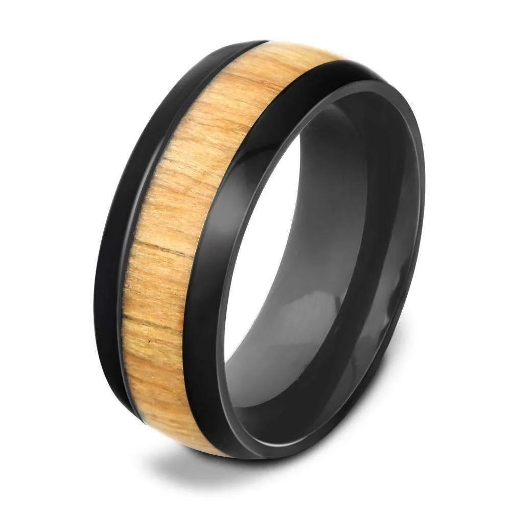 Mahogany Wood Inlay Steel Ring