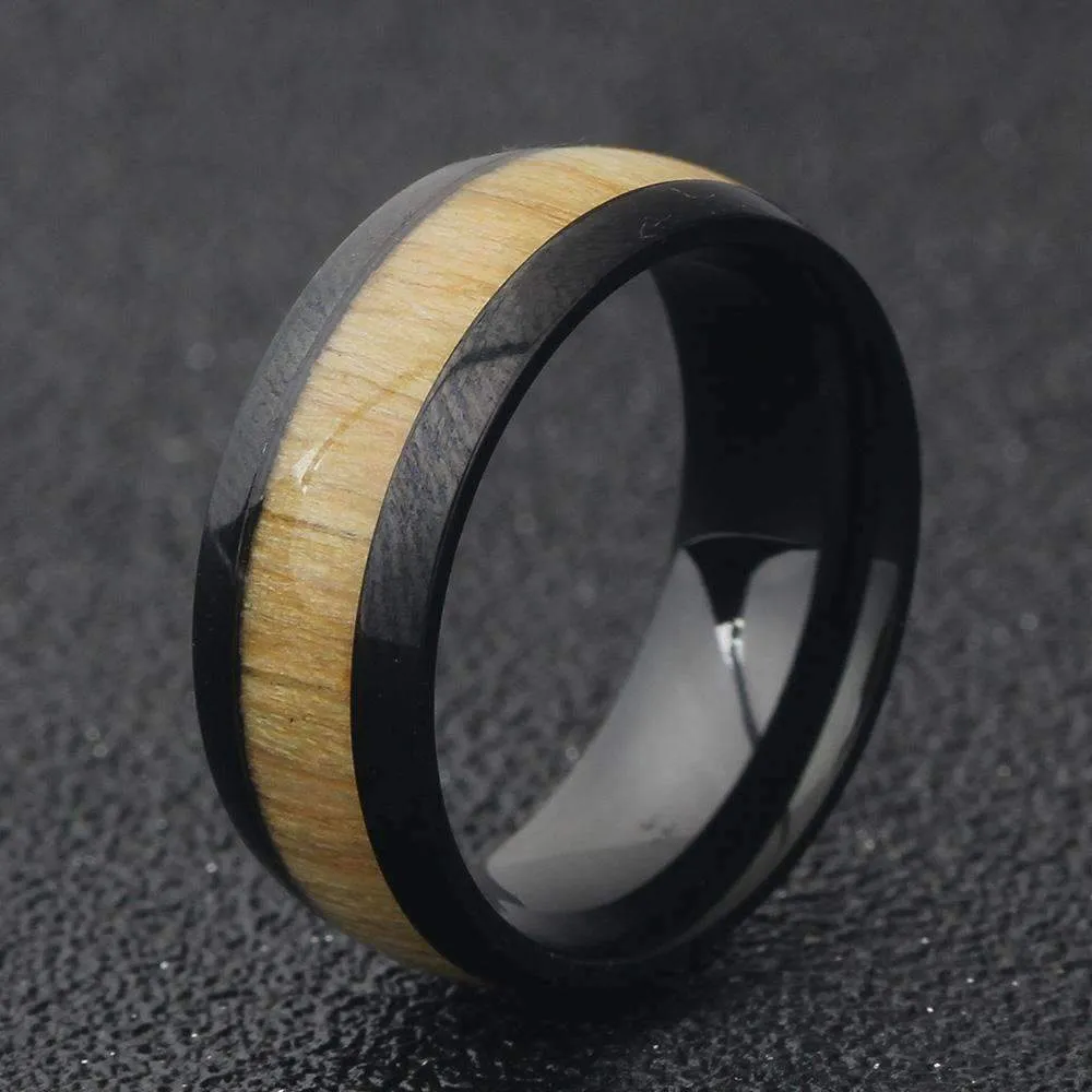 Mahogany Wood Inlay Steel Ring