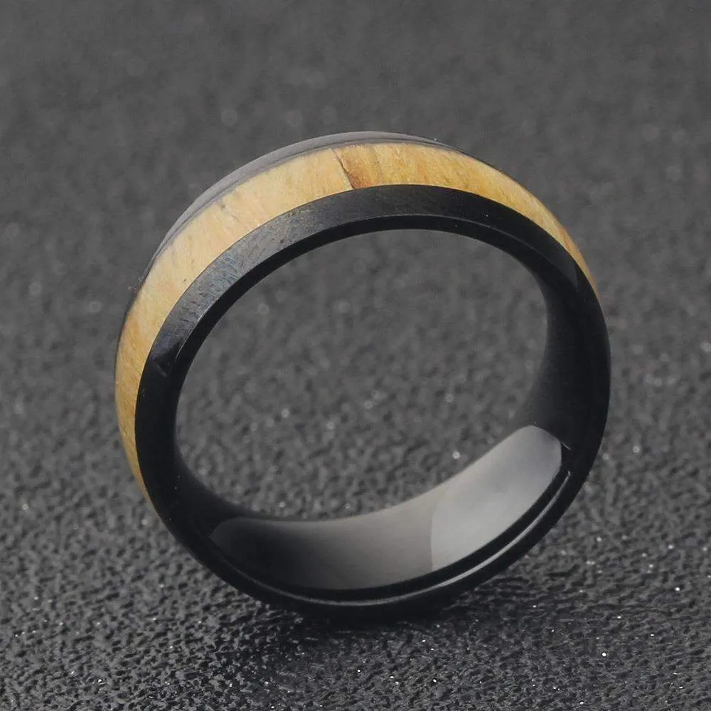 Mahogany Wood Inlay Steel Ring