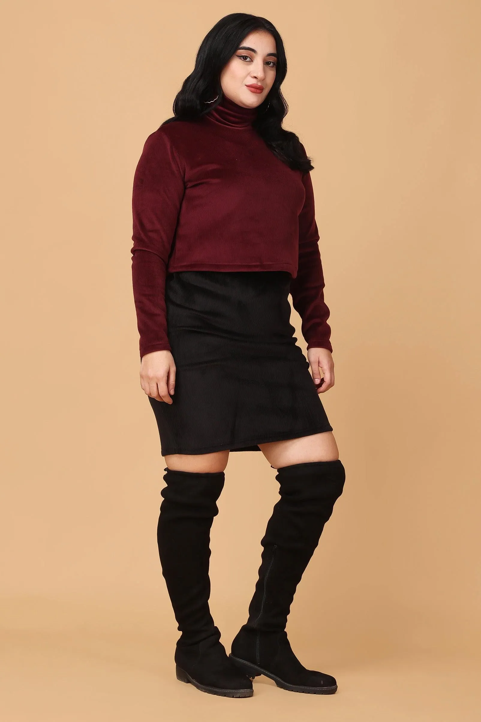 Maroon Solid Ribbed Knit Top and Skirt Set