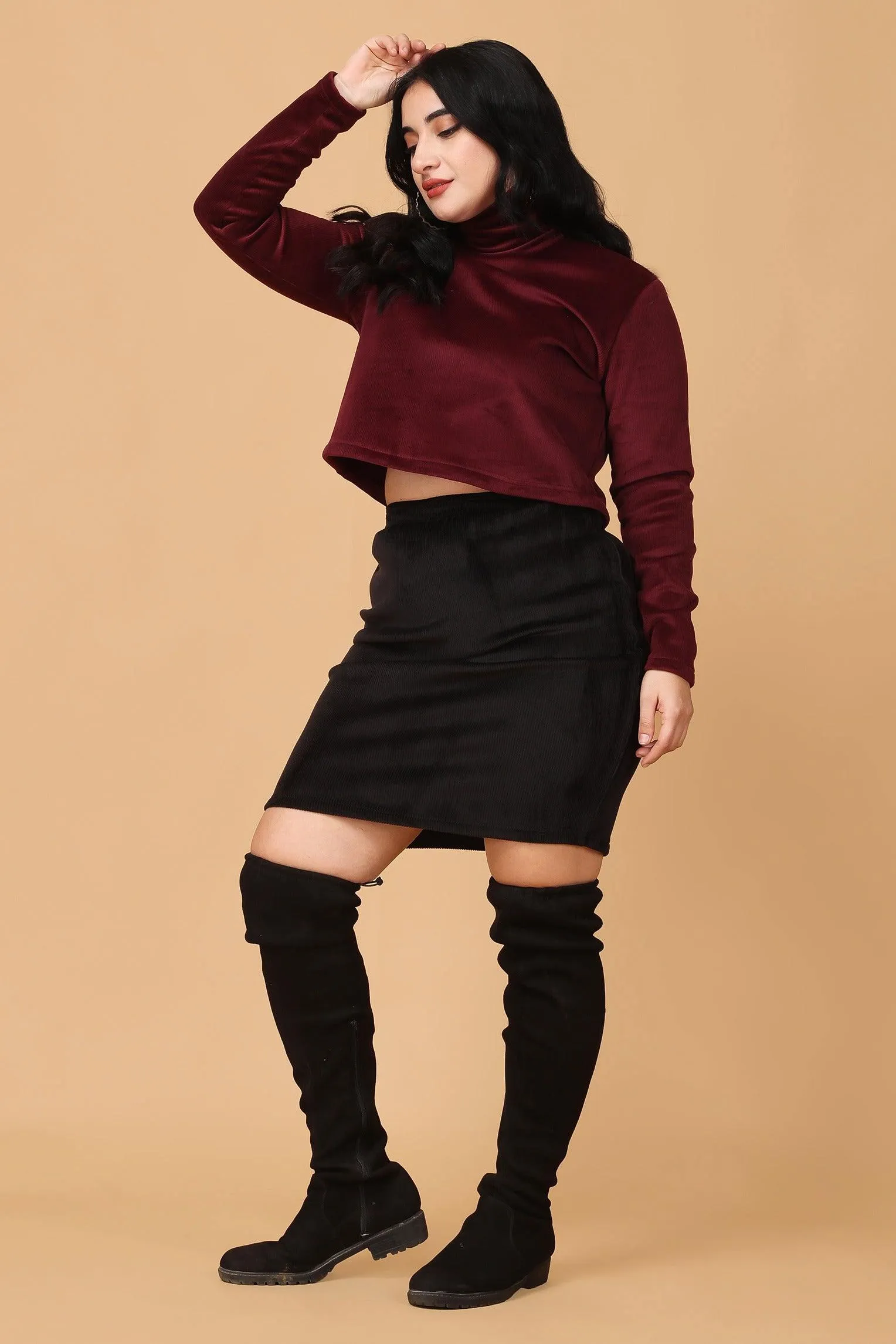 Maroon Solid Ribbed Knit Top and Skirt Set