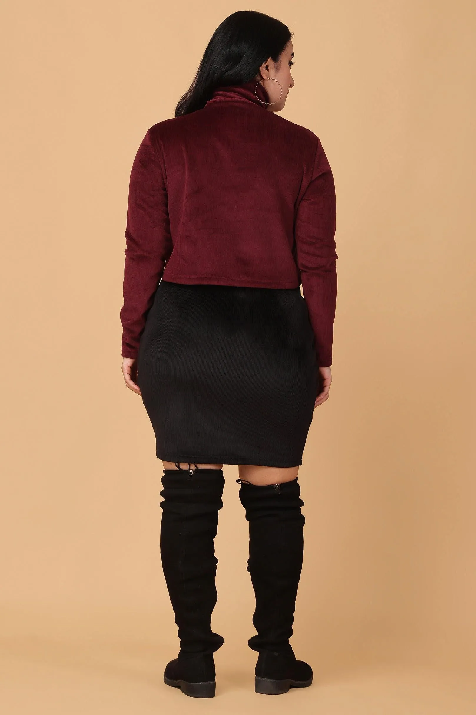 Maroon Solid Ribbed Knit Top and Skirt Set