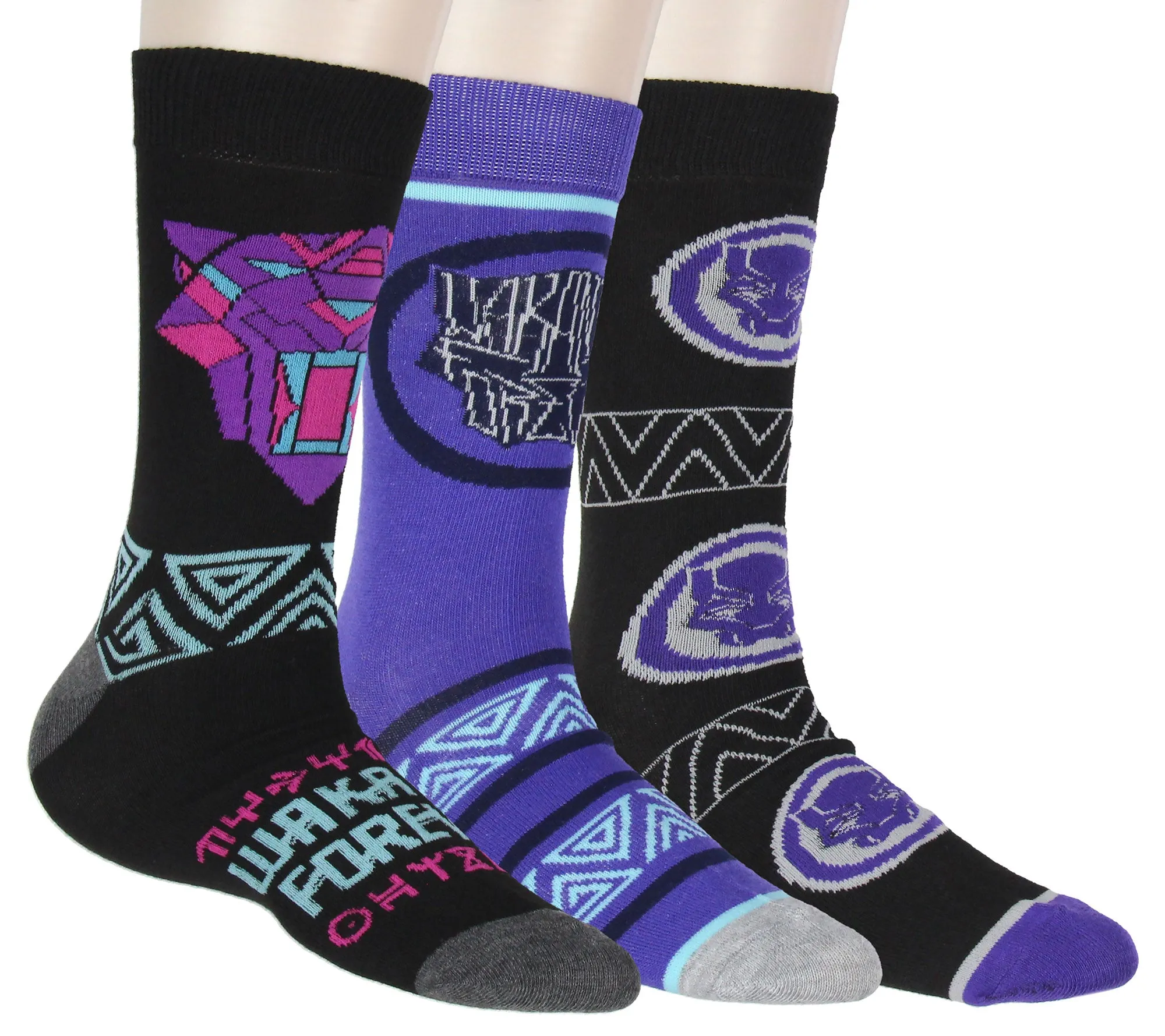 Marvel Black Panther Wakanda Forever 3 Pair Multi-Design Mid-Calf Crew Socks