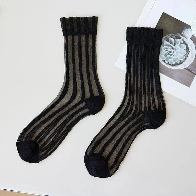 Nylon Sheer Socks with Strips | Unique Socks | Kawaii Socks