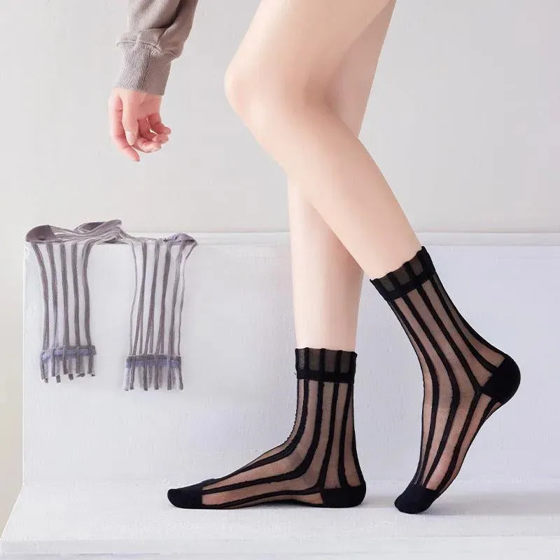 Nylon Sheer Socks with Strips | Unique Socks | Kawaii Socks