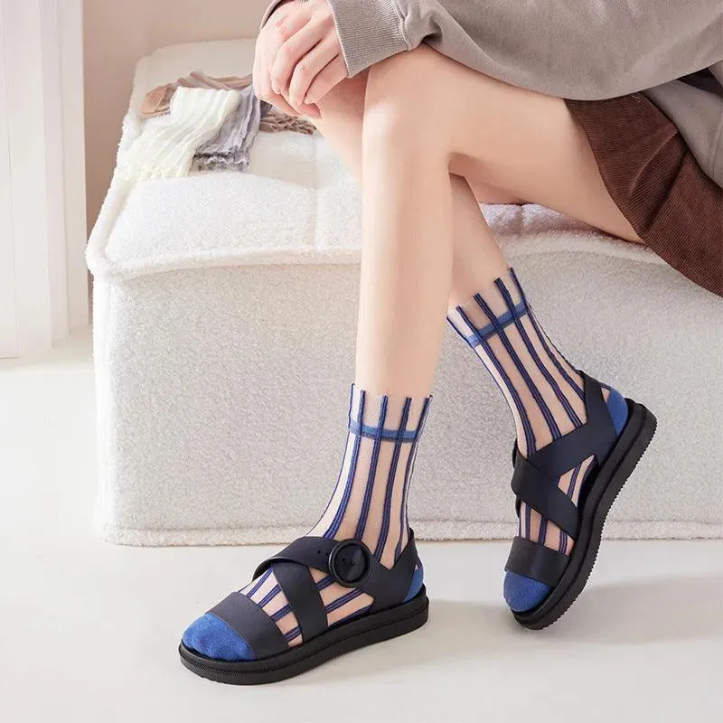 Nylon Sheer Socks with Strips | Unique Socks | Kawaii Socks