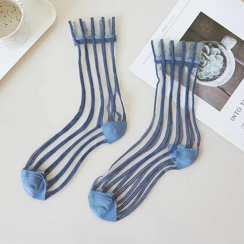 Nylon Sheer Socks with Strips | Unique Socks | Kawaii Socks