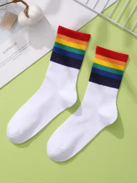 Rainbow Stripe Print Crew Socks for Women Fun Socks Funky Socks Novelty Socks