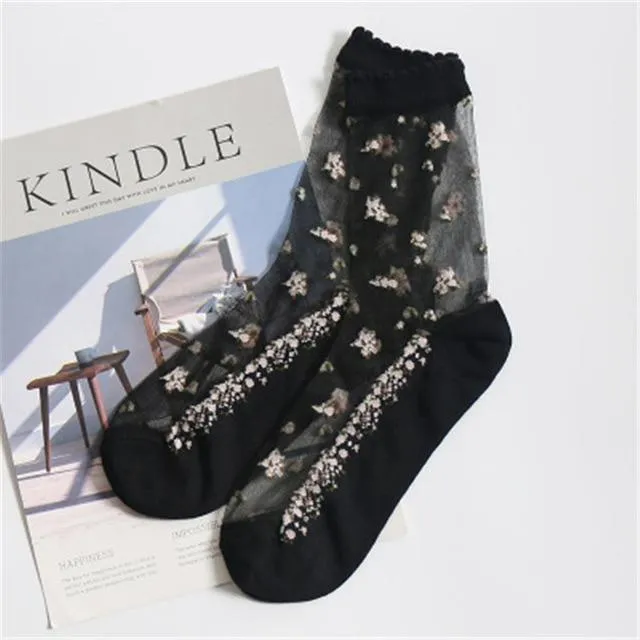 Silk Flower Print Transparent Socks