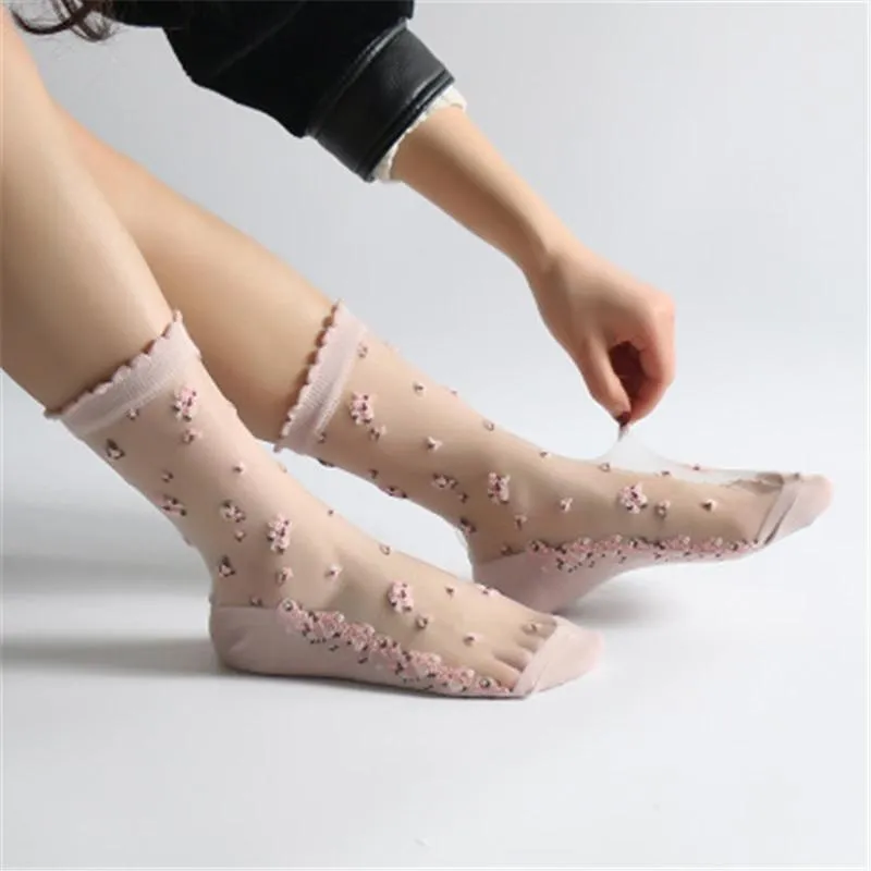 Silk Flower Print Transparent Socks