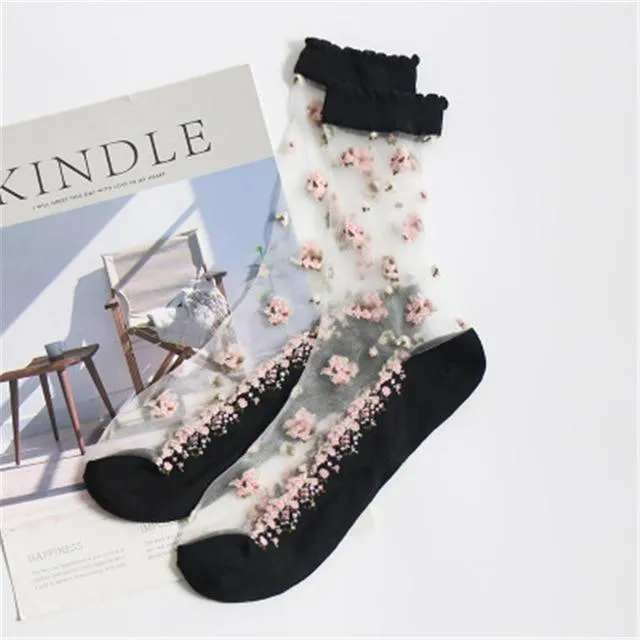 Silk Flower Print Transparent Socks