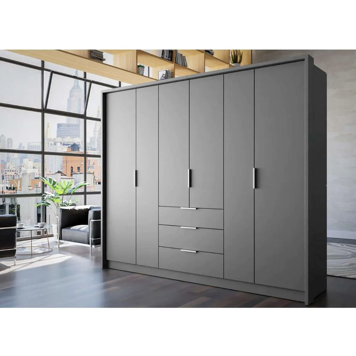 Singapore 255cm Hinged Door Wardrobe Graphite