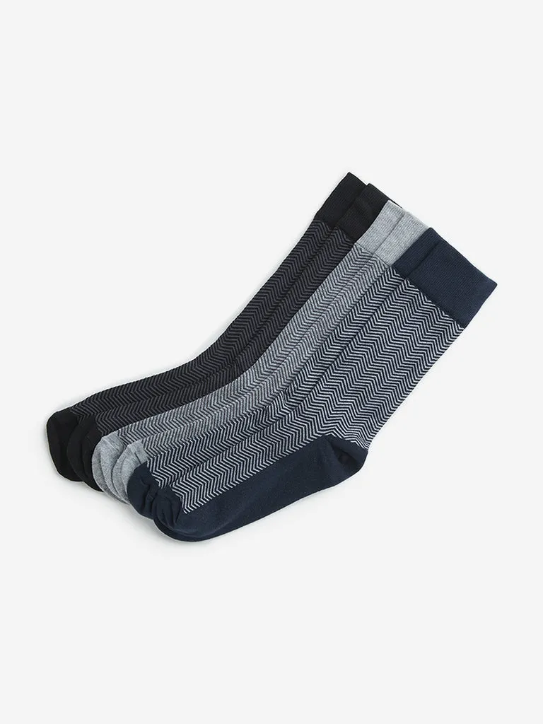 WES Lounge Black Printed Cotton Blend Socks - Pack of 3