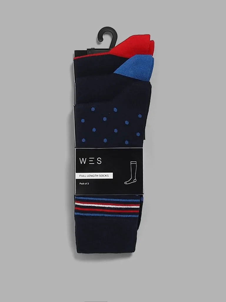 WES Lounge Blue Cotton Blend High-Length Socks - Pack of 3