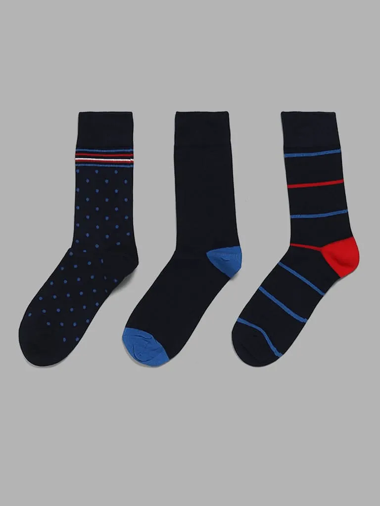 WES Lounge Blue Cotton Blend High-Length Socks - Pack of 3